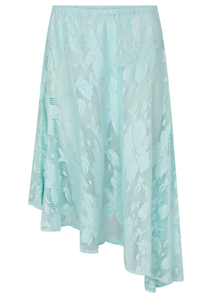 Light blue lace skirt with asymmetrical trim on a white background