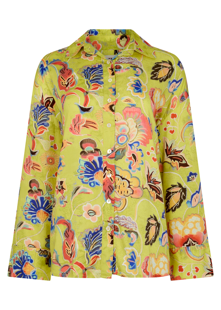 Colorful yellow floral patterned shirt on a white background