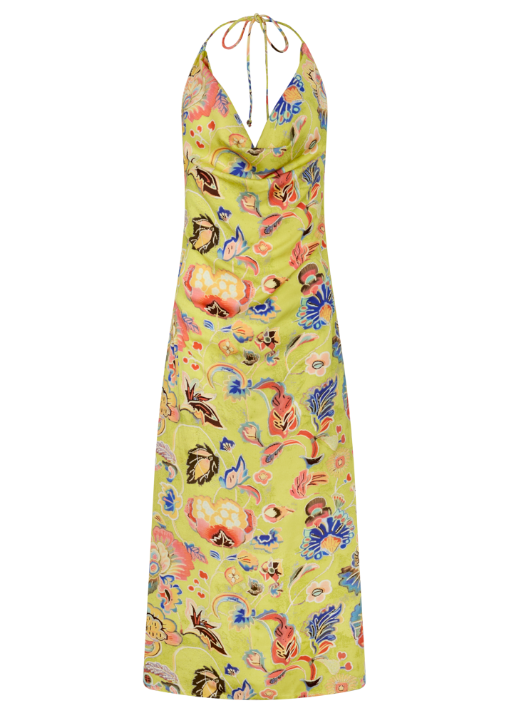 Colorful yellow dress with floral print on a white background