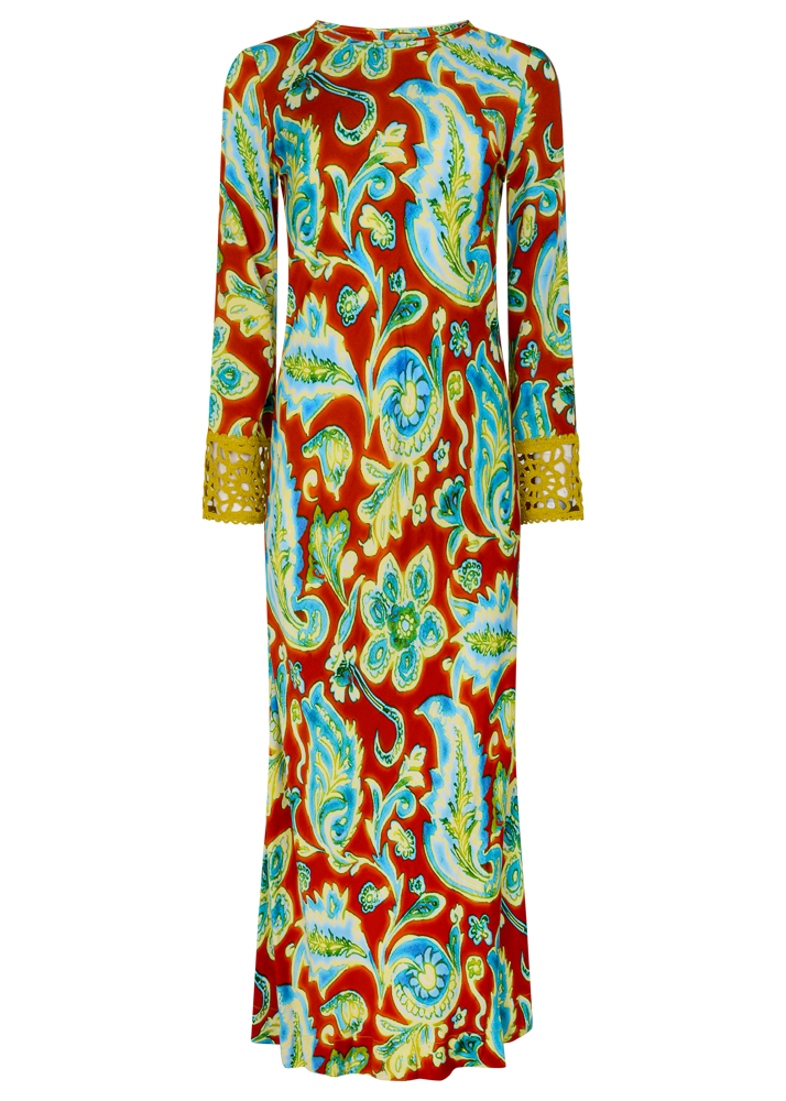 Colorful orange, blue and green patterned dress with lime green embroided contrast trim detail