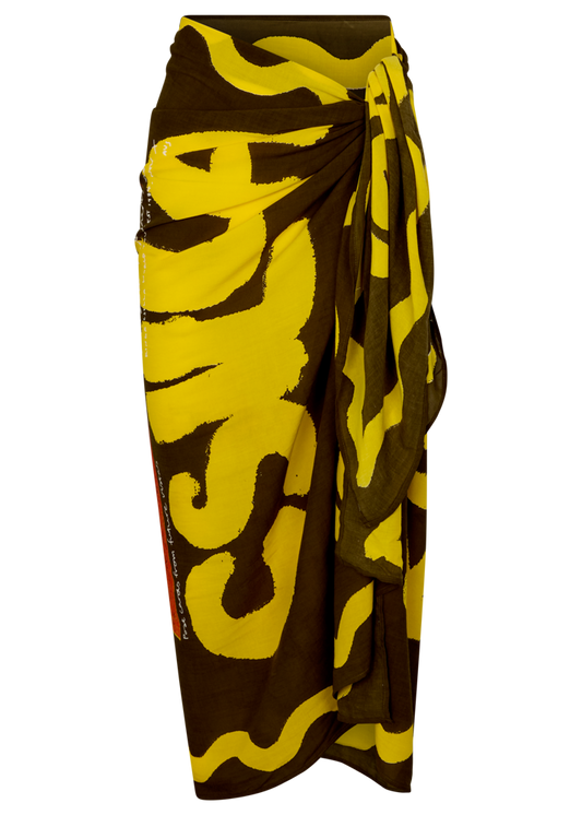 Brown and yellow patterned sarong on a white background