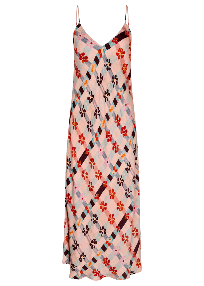 Pink floral patterned slip dress on a white background