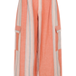 Linen-cotton wide leg pants in peach, blue and ivory coastal stripes with side pockets and elastic waistband.