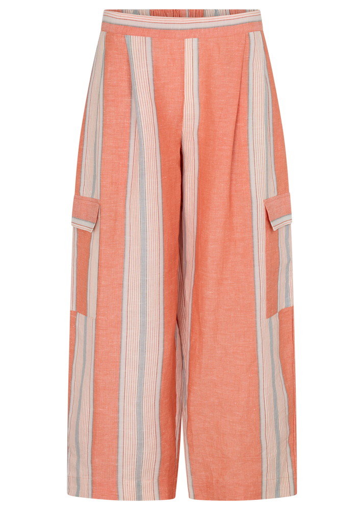 Linen-cotton wide leg pants in peach, blue and ivory coastal stripes with side pockets and elastic waistband.