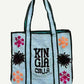 KINGA CSILLA KC SOURCED INDIAN KANTHA TOTE BAG with embroided branding and floral details. Light blue.