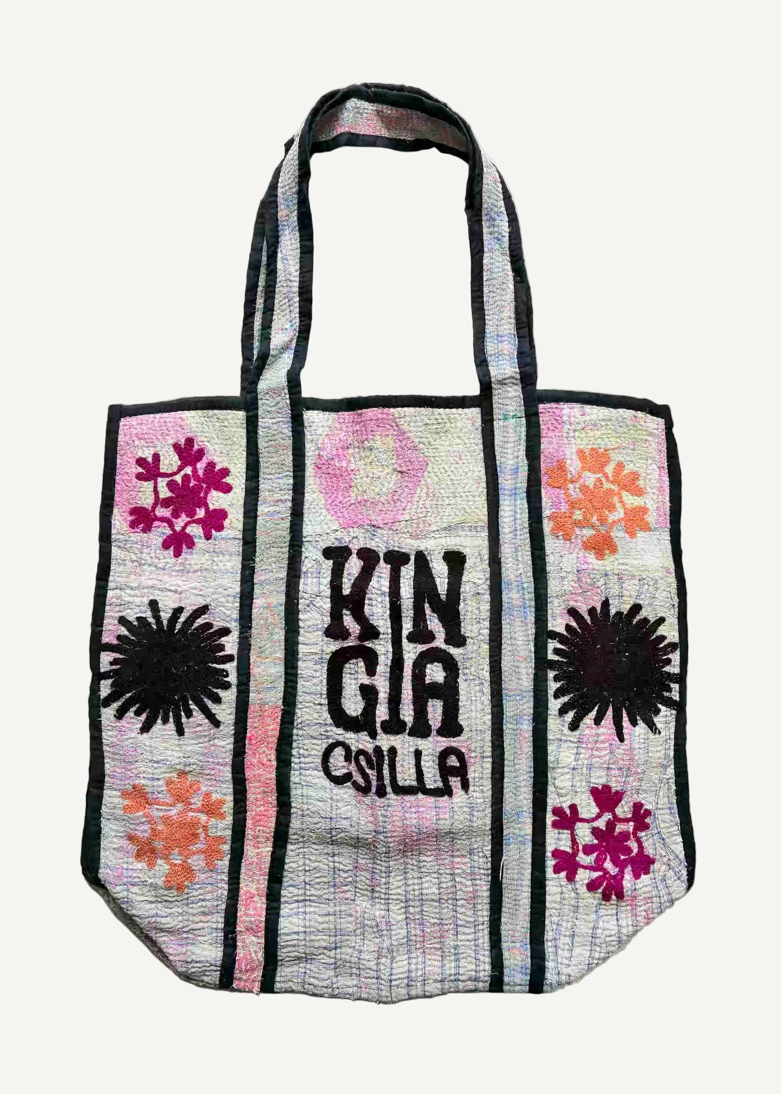 Handcrafted in India from up-cycled Kantha cotton, each Kinga Csilla bag blends heritage stitching with slow-made resort style. Unique, spacious & summer-ready. Blue pastel.
