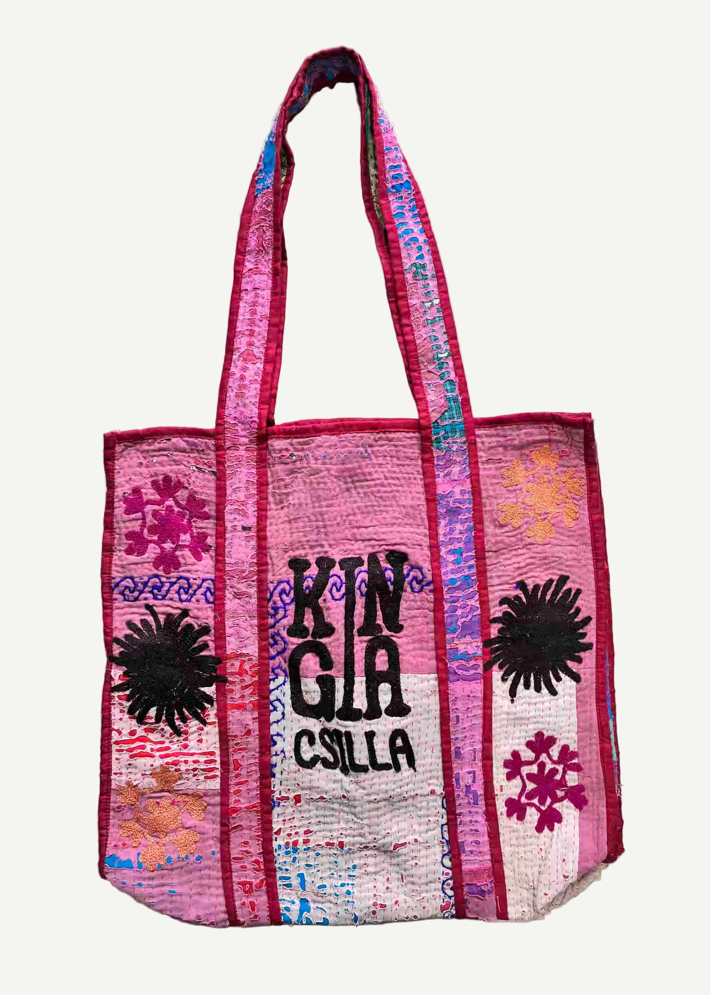 KINGA CSILLA KC SOURCED INDIAN KANTHA TOTE BAG with embroided branding and floral details. Pink.