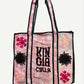 KINGA CSILLA KC SOURCED INDIAN KANTHA TOTE BAG with embroided branding and floral details. Blush pink.