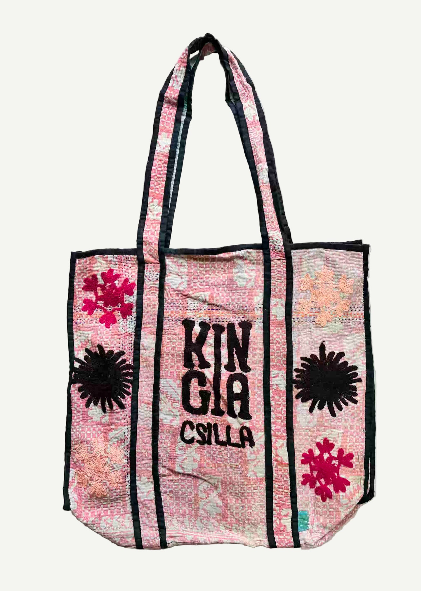 KINGA CSILLA KC SOURCED INDIAN KANTHA TOTE BAG with embroided branding and floral details. Blush pink.