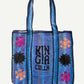 KINGA CSILLA KC SOURCED INDIAN KANTHA TOTE BAG with embroided branding and floral details. Blue.