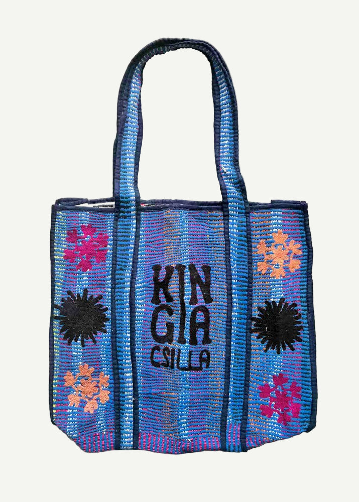 KINGA CSILLA KC SOURCED INDIAN KANTHA TOTE BAG with embroided branding and floral details. Blue.