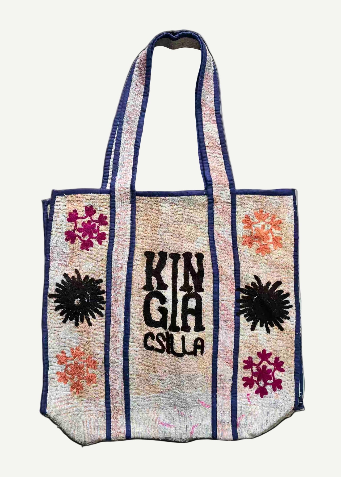 KINGA CSILLA KC SOURCED INDIAN KANTHA TOTE BAG with embroided branding and floral details. Pastel hues.