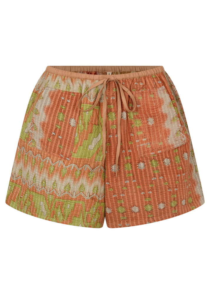 Patterned shorts with drawstring on a white background