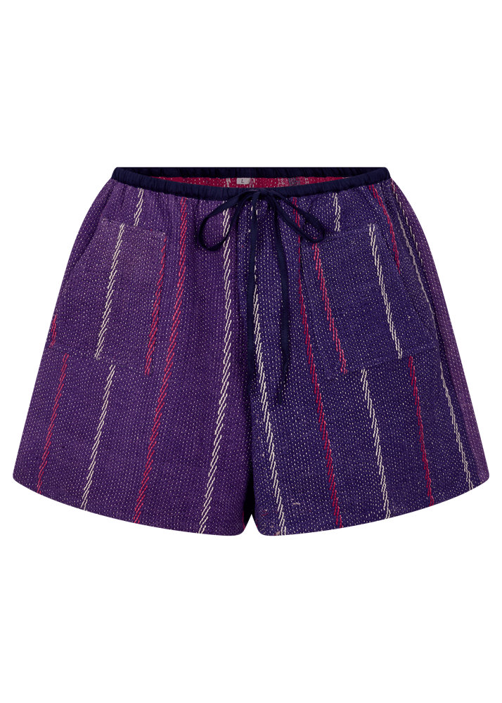 Purple shorts with red and white stripes on a white background