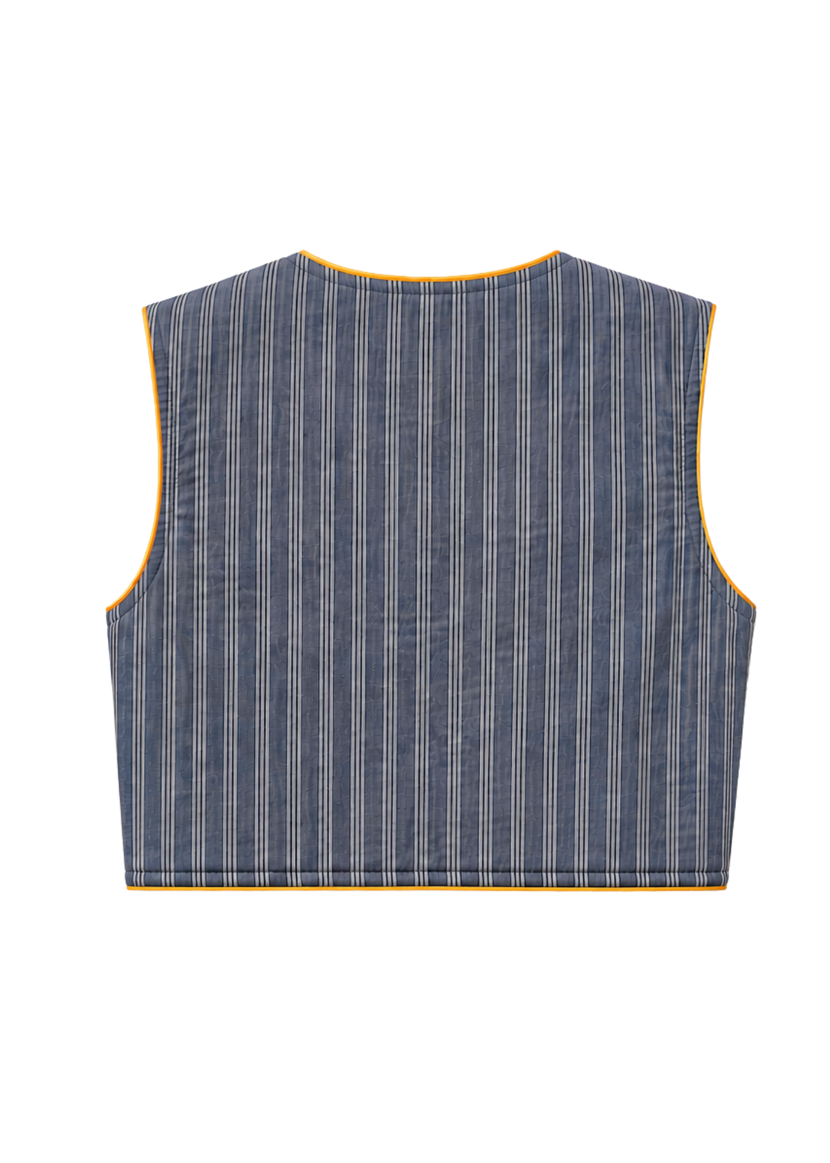A sleeveless cropped reversible vest with vertical grey-blue and white pinstripes and yellow-orange contrast piping, shown from the back on a white background.