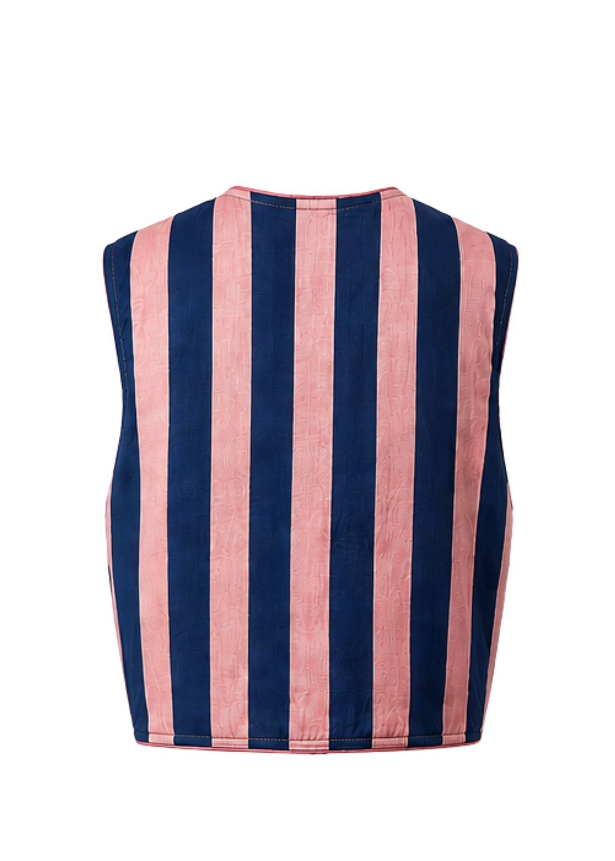 A sleeveless reversible vest featuring vertical stripes in dusty pink and navy blue, shown from the back against a plain white background.