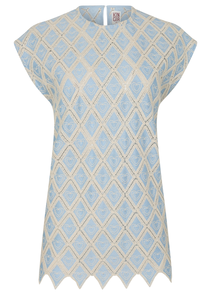 Light blue sleeveless top with geometric pattern on a white background