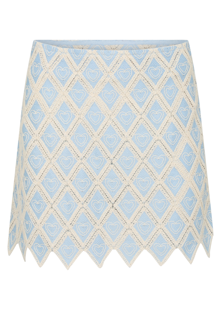 Light blue and white patterned skirt on a white background