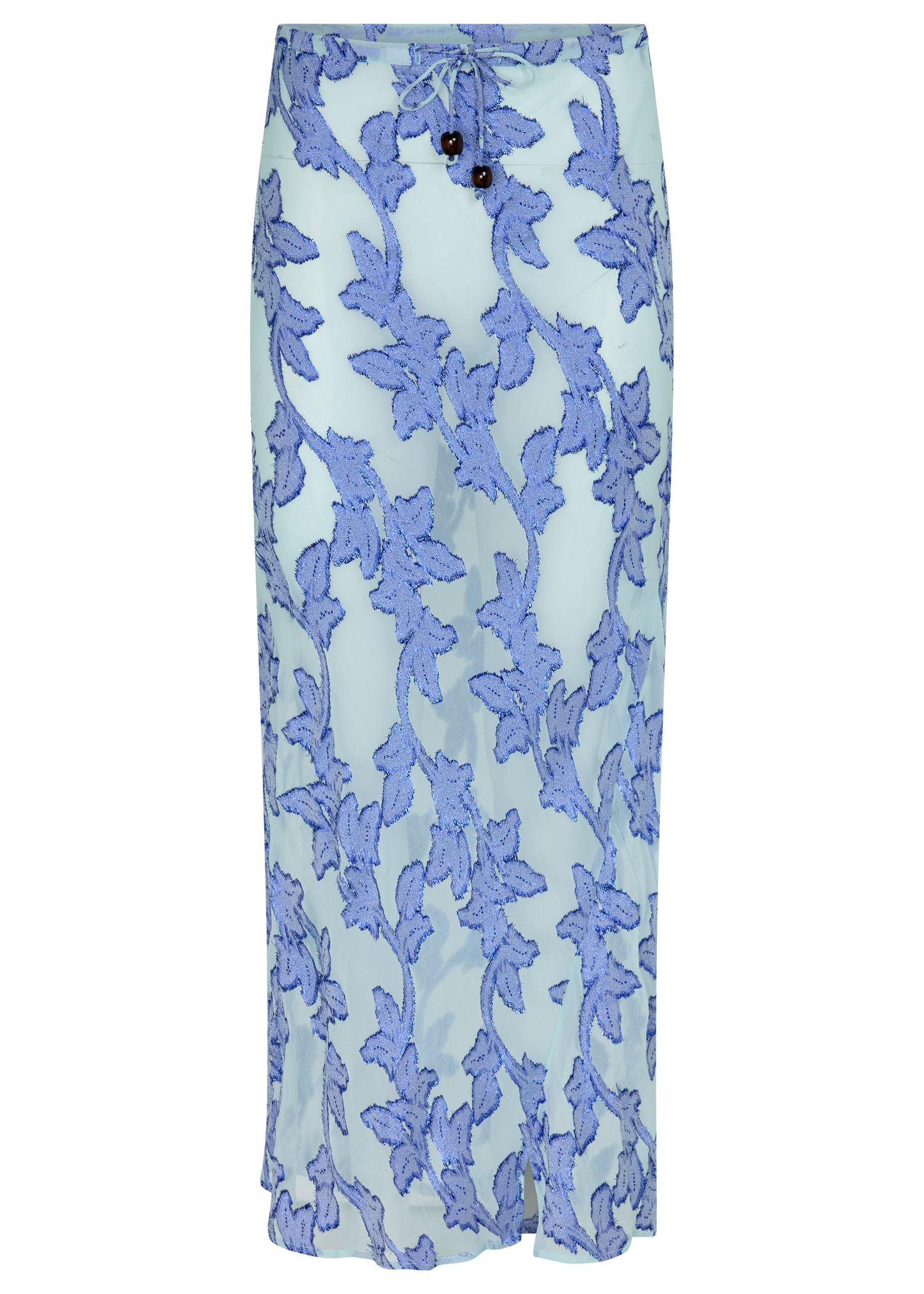 Semi-sheer vivid blue maxi skirt with gold botanical embroidery, bias cut silhouette, and beaded drawstring waist detail.