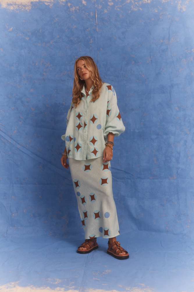 Alternate studio front view of Kinga Csilla Aquarius Column Skirt, linen maxi with celestial-inspired print