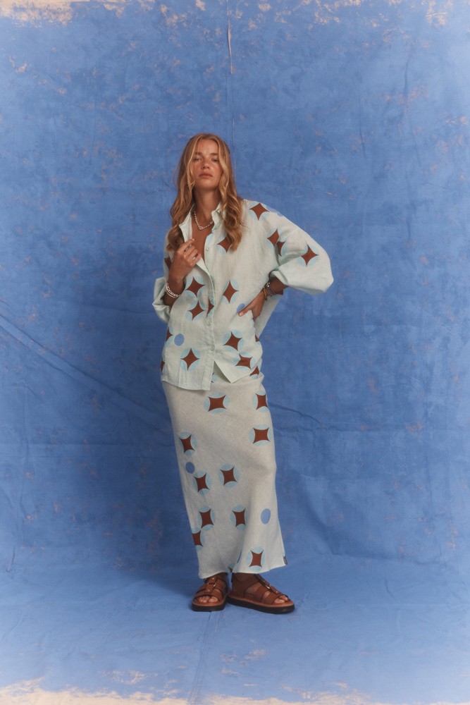 Kinga Csilla Aquarius Column Skirt front view in baby blue linen with celestial print