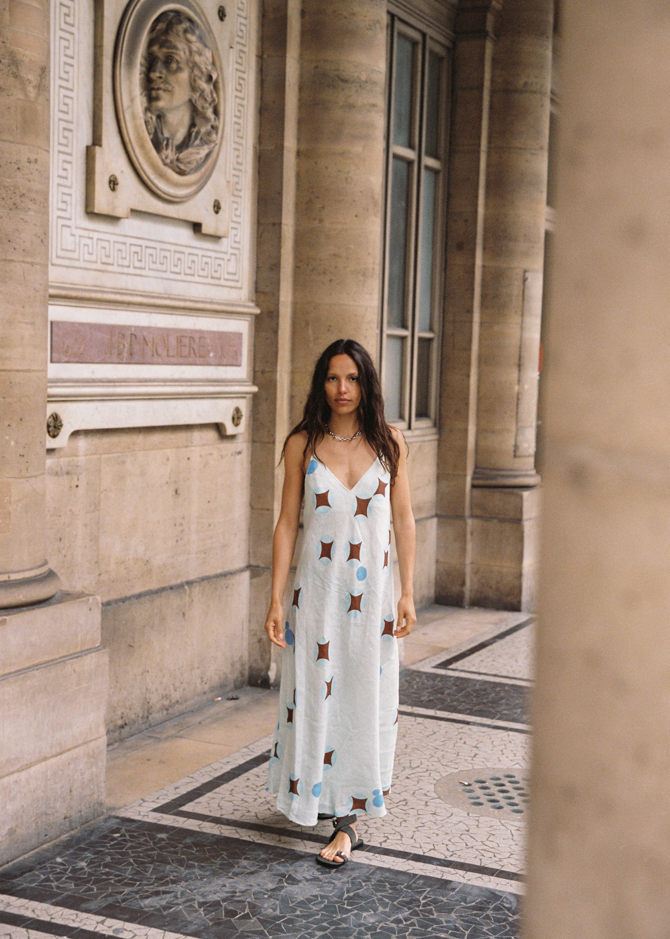 Kinga Csilla Aquarius Sia slip dress front view baby blue linen maxi with celestial print