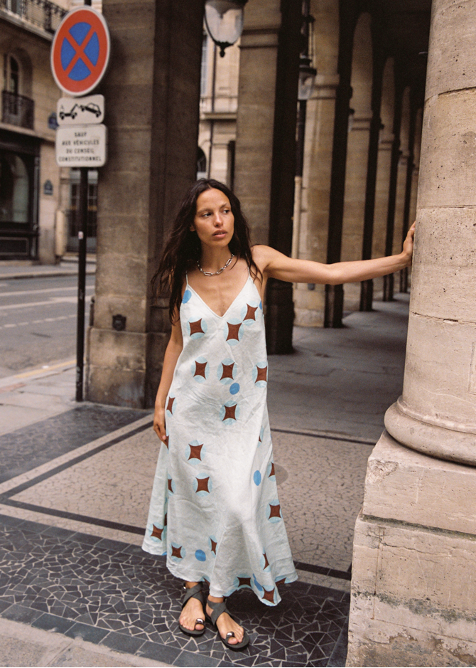 Kinga Csilla Aquarius Sia slip dress baby blue linen maxi with celestial print and plunging neckline