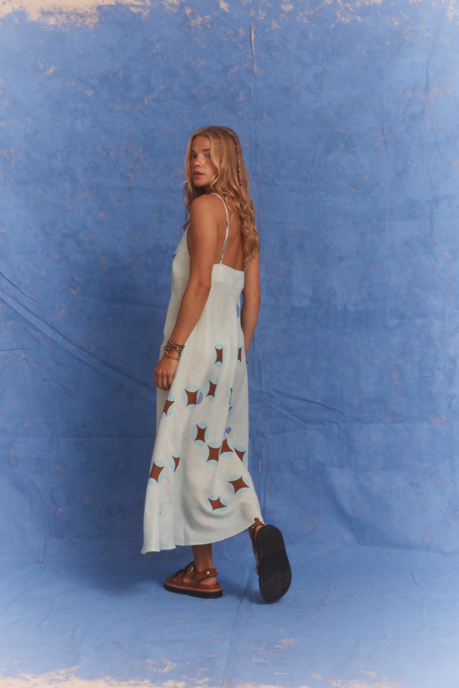 Kinga Csilla Aquarius Sia slip dress studio back view linen maxi with celestial-inspired print