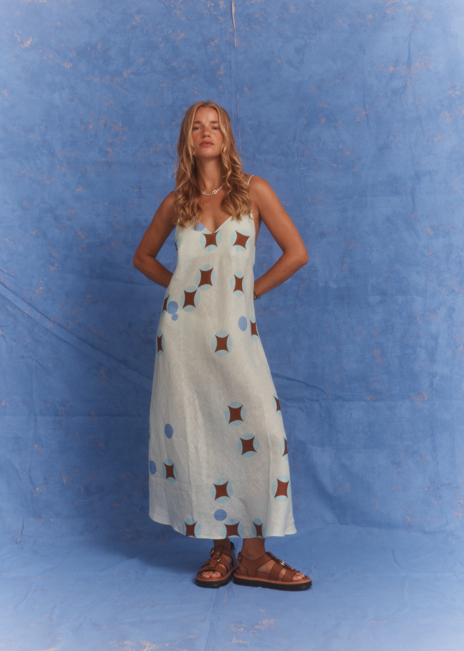 Kinga Csilla Aquarius Sia slip dress studio front view baby blue linen maxi with celestial print