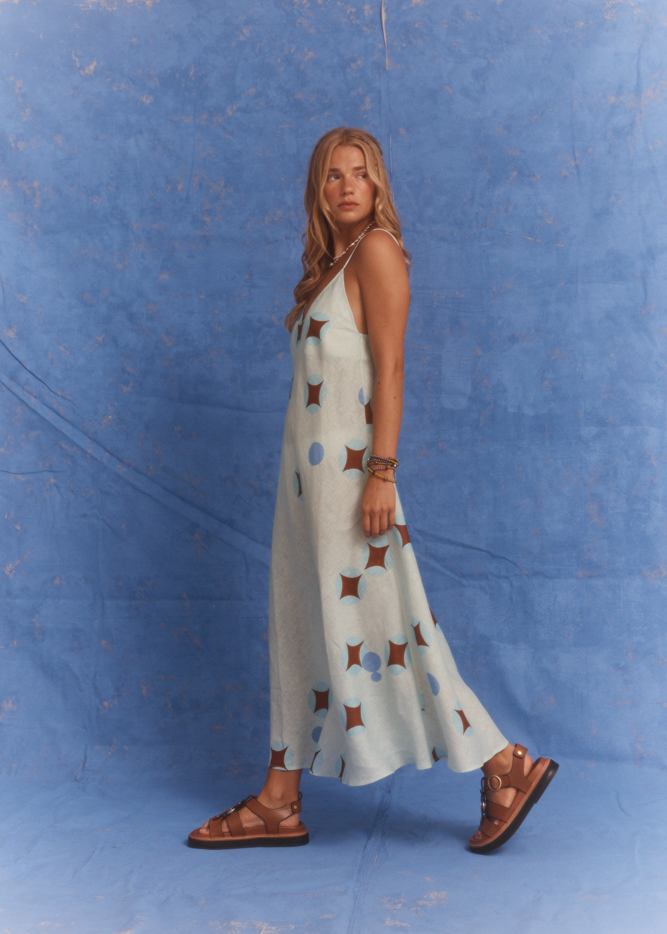 Kinga Csilla Aquarius Sia slip dress studio side view baby blue linen with celestial print