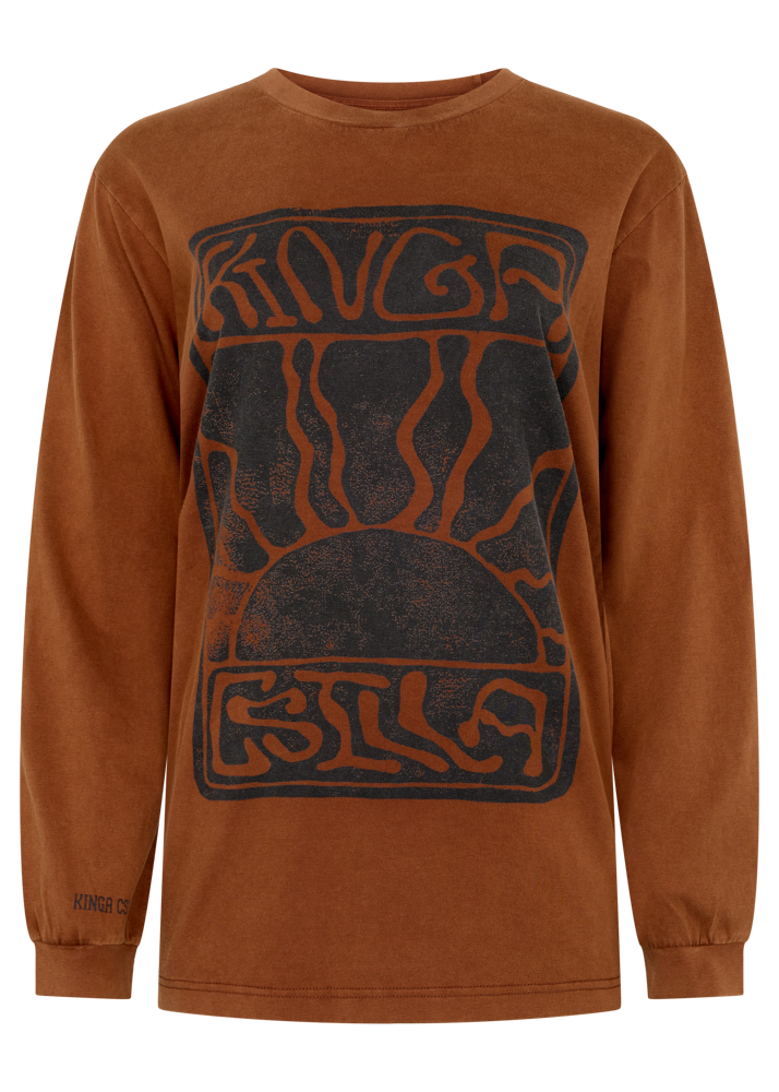Kinga Csilla Lino Roses Tee in brown, oversized vintage-inspired long sleeve with stone-washed finish and lino-etched chest graphic