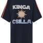 Kinga Csilla Sunset Tee in black cotton with graphic sun print, crew neckline, striped sleeve detail and relaxed fit