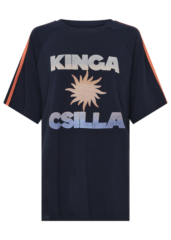 Kinga Csilla Sunset Tee in black cotton with graphic sun print, crew neckline, striped sleeve detail and relaxed fit