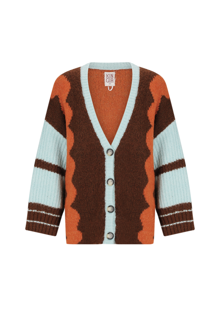 Kinga Csilla Surf Citta Cardigan front view — oversized chunky knit in brown, orange and baby blue with wave colour-block design, deep V-neckline, button-up front, and ribbed cuffs.
