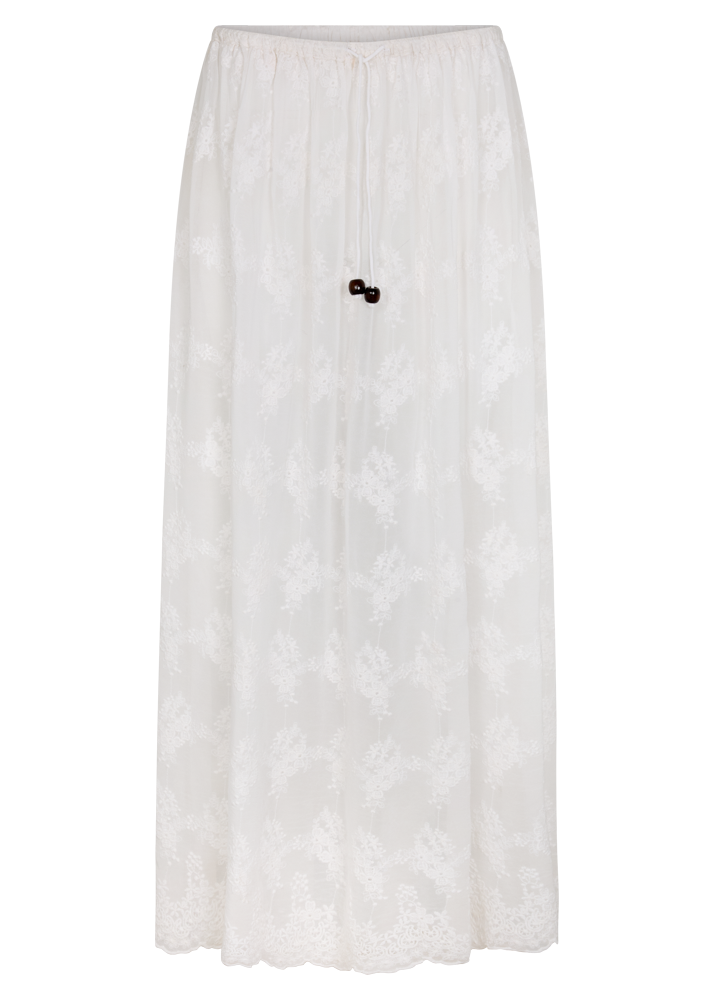 Kinga Csilla Tottori Lace Ode Skirt – white cotton lace maxi skirt with drawstring waist and flowy boho silhouette