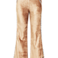 Kinga Csilla Twilight Velvet Flare Pant in golden stretch velvet, featuring high-rise waist, flared leg, contrast piping, and side pocket detail.