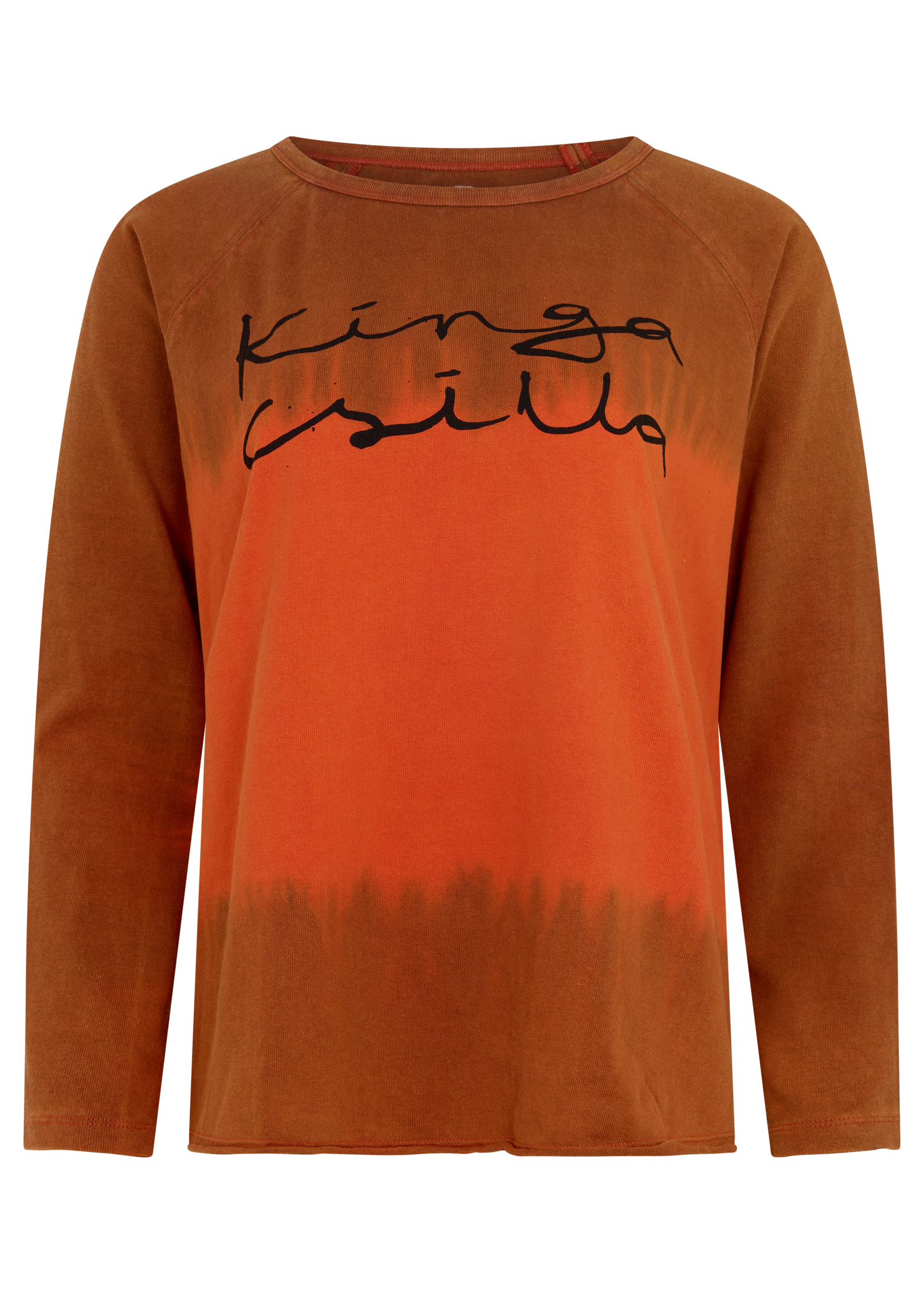 A long-sleeve crewneck shirt in a rust-orange color gradient with black script text reading 'Kinga Isilla' across the chest, displayed on a clean white background.
