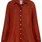 A red sheer long-sleeve button-up shirt with an all-over tonal floral jacquard pattern, featuring a pointed collar, white buttons, and a small embroidered star on the left chest.