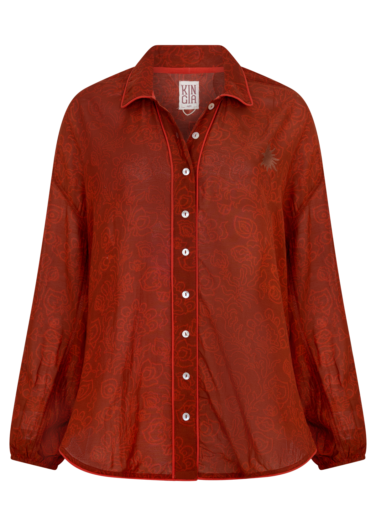 A red sheer long-sleeve button-up shirt with an all-over tonal floral jacquard pattern, featuring a pointed collar, white buttons, and a small embroidered star on the left chest.