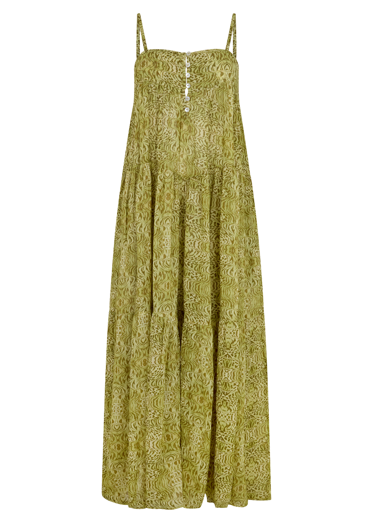 A sleeveless olive green maxi dress with a textured abstract pattern, featuring thin spaghetti straps and a buttoned V-neckline.