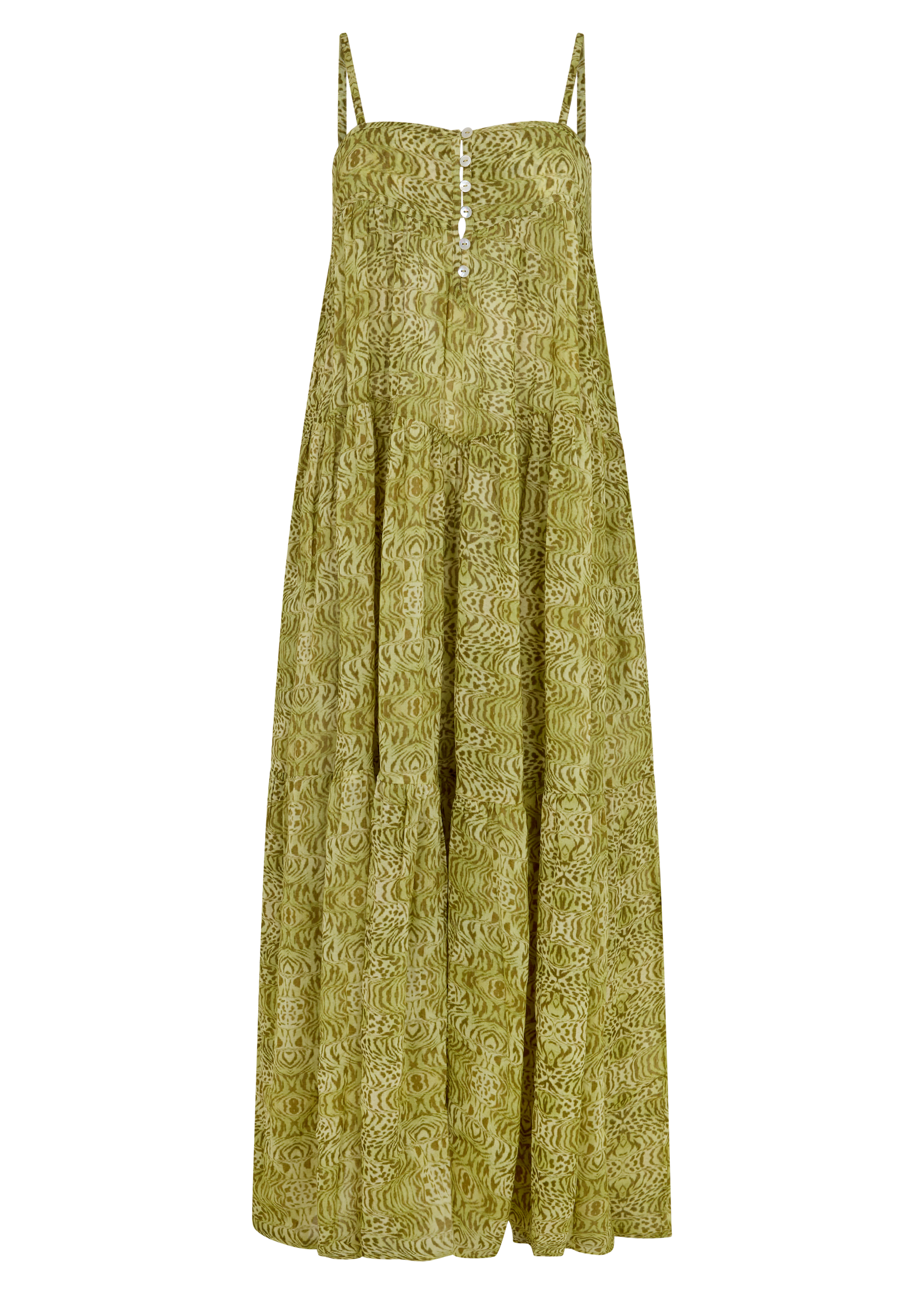 A sleeveless olive green maxi dress with a textured abstract pattern, featuring thin spaghetti straps and a buttoned V-neckline.