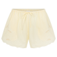 Cream-colored lace shorts with a drawstring waistband and scalloped edges, shown flat on a white background.