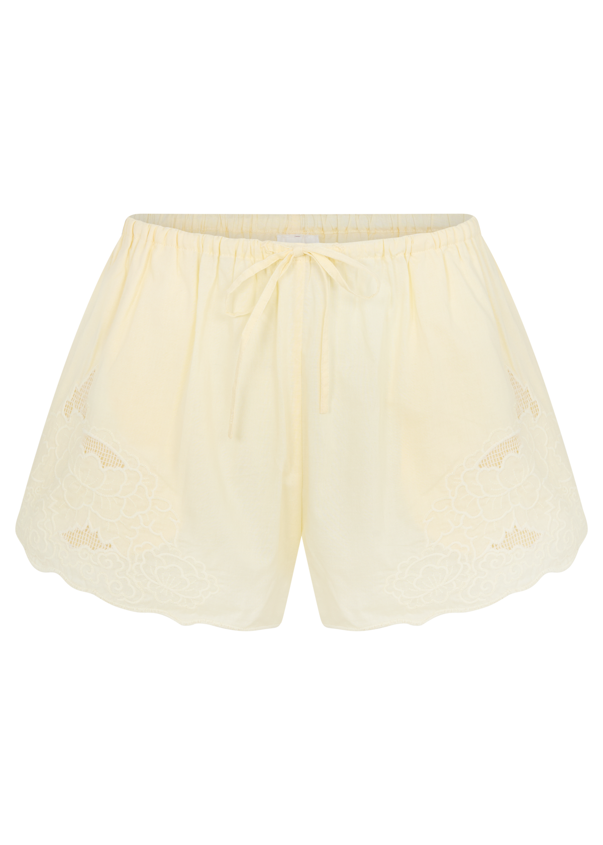 Cream-colored lace shorts with a drawstring waistband and scalloped edges, shown flat on a white background.