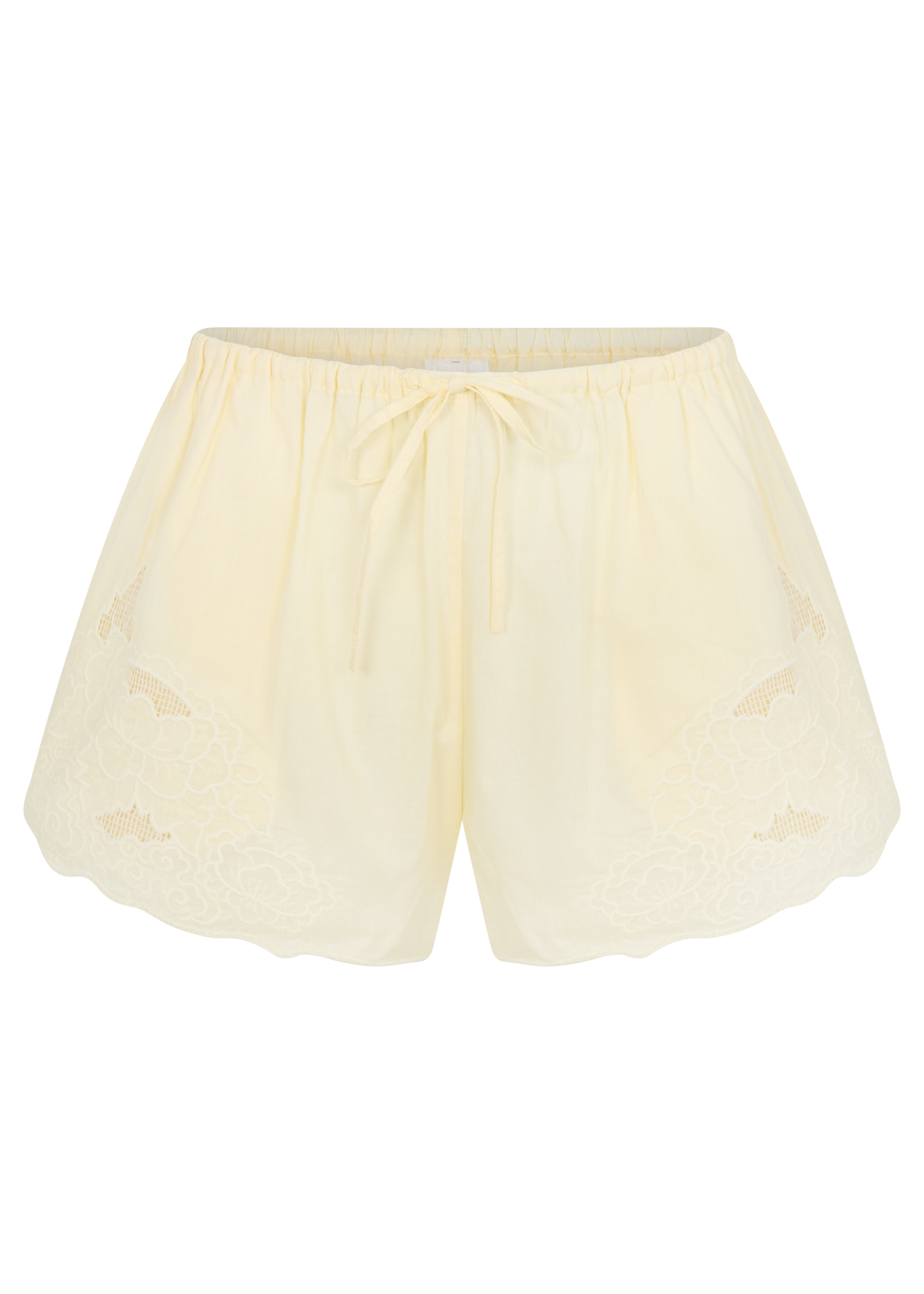 Cream-colored lace shorts with a drawstring waistband and scalloped edges, shown flat on a white background.