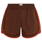 A pair of brown shorts featuring wavy black and orange embroidered trim along the side and hem edges, displayed against a solid white background.
