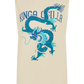 A sleeveless cream-colored t-shirt featuring a large blue and teal dragon graphic on the front, with 'KINGA CSILLA' printed in blue around the crew neck.