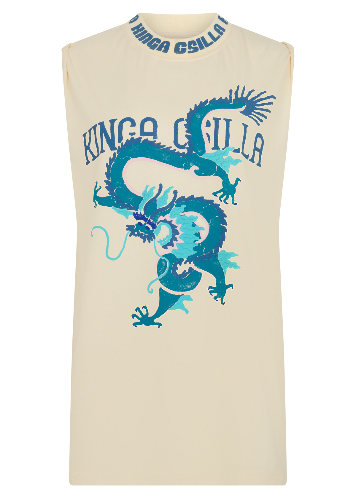 A sleeveless cream-colored t-shirt featuring a large blue and teal dragon graphic on the front, with 'KINGA CSILLA' printed in blue around the crew neck.
