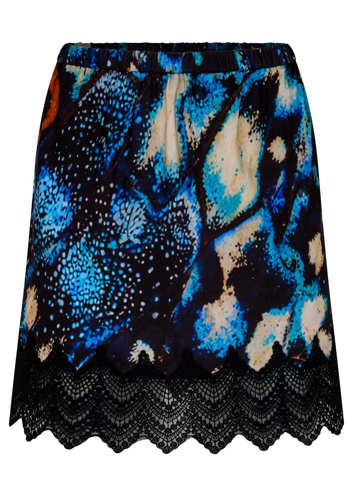 A short A-line skirt featuring a vibrant blue, black, orange and beige abstract print with a black scalloped lace hem, shown against a plain white background.