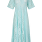 Romantic light blue lace midi dress with back waist tie, round neckline, and airy unlined design 