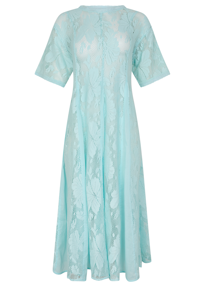 Romantic light blue lace midi dress with back waist tie, round neckline, and airy unlined design 